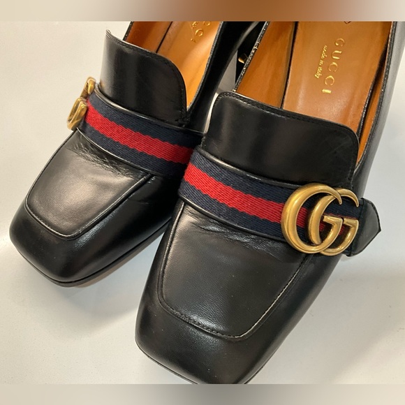 Gucci Black Heels with Gold Logo and Red Stripe - Picture 5 of 13